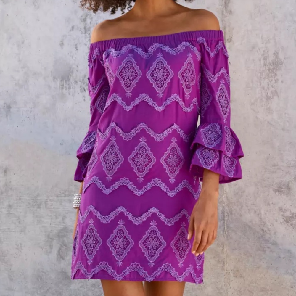 Boston Proper NEW!! Metallic Lace Detail Off The Shoulder Shift Dress Purple